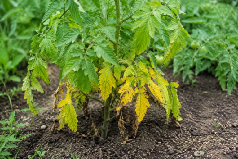 Tomato plant with yellowing lower leaves in a garden bed