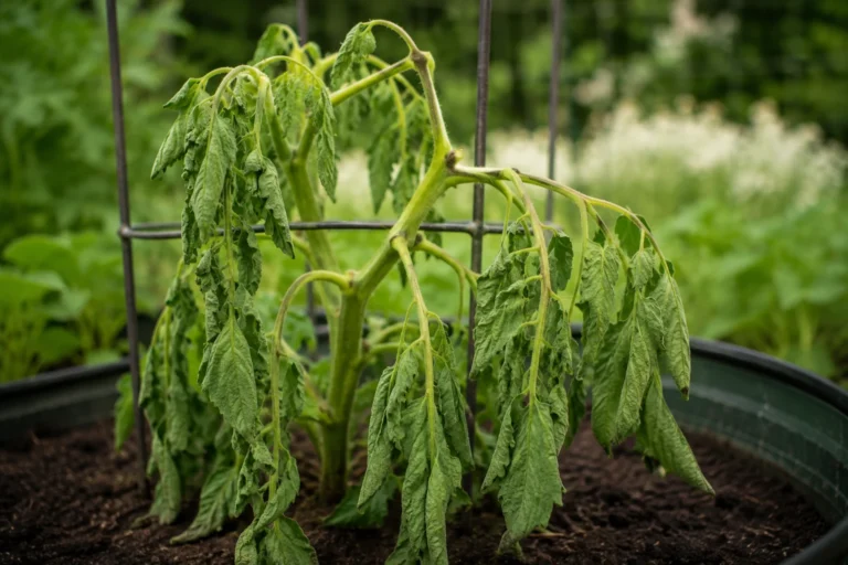 Wilted tomato plant with drooping leaves in a garden bed