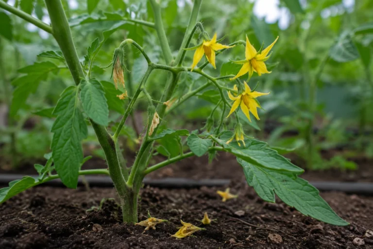 Tomato blossoms with dried and fallen flowers beneath the plant