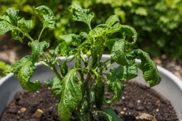 Pepper plant with curled and puckered leaves
