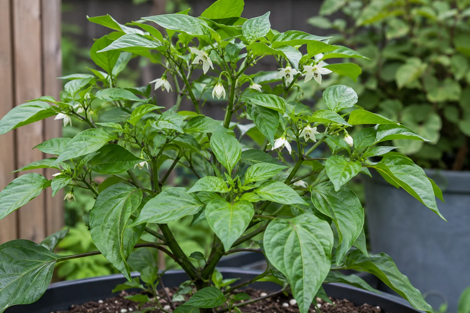 Flowering pepper plant with blossoms but no visible fruit