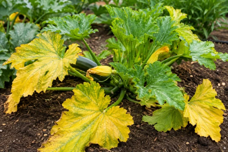 Zucchini plant with several yellowing leaves growing in garden soil