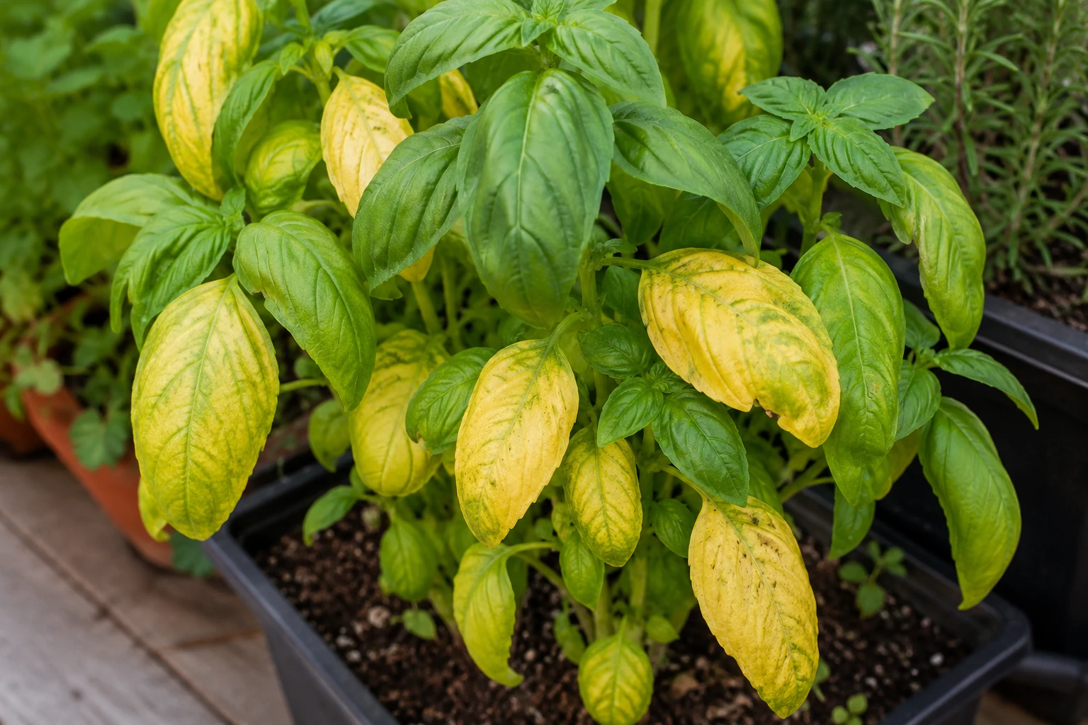 Basil plant with yellowing leaves in a container garden