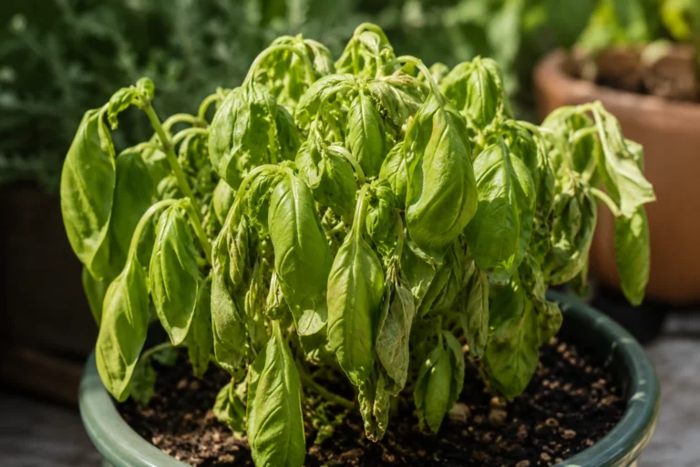 Wilted basil plant drooping in a pot