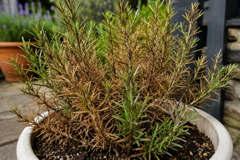 Rosemary plant in a pot with green and brown stems
