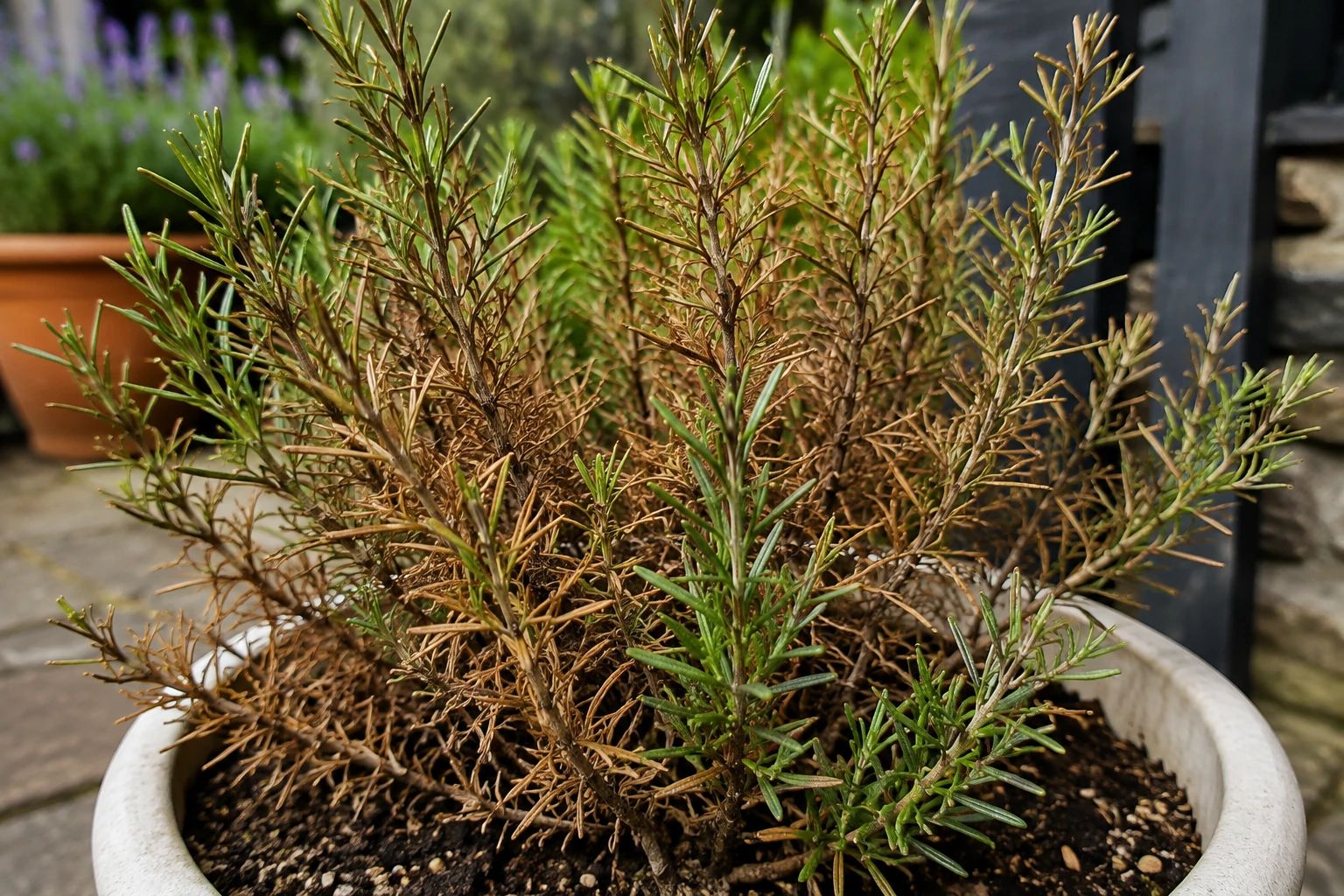 Rosemary plant in a pot with green and brown stems