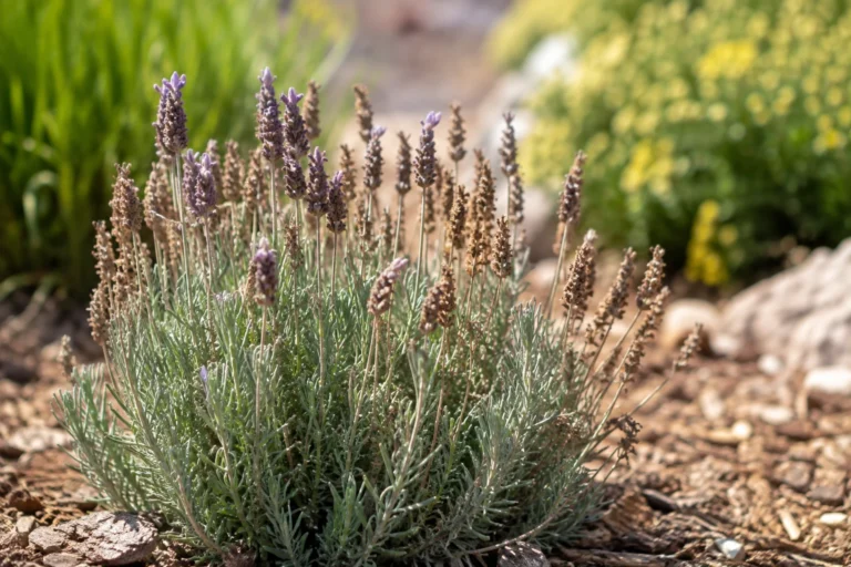 Lavender plant with dry flower spikes in a sunny garden
