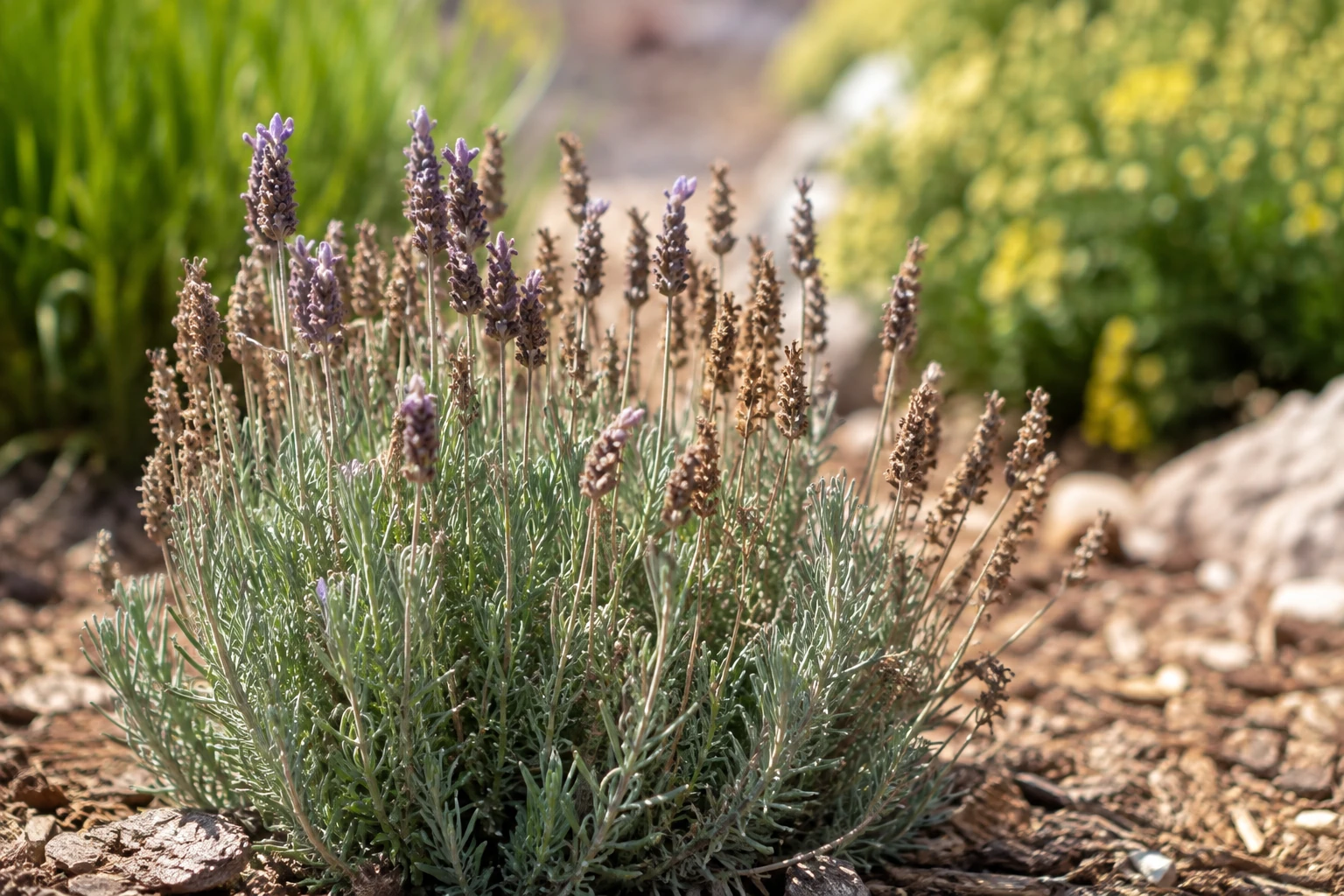 Lavender plant with dry flower spikes in a sunny garden