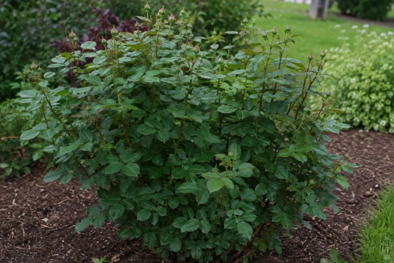 Hydrangea with brown leaf edges and purple blooms in the background