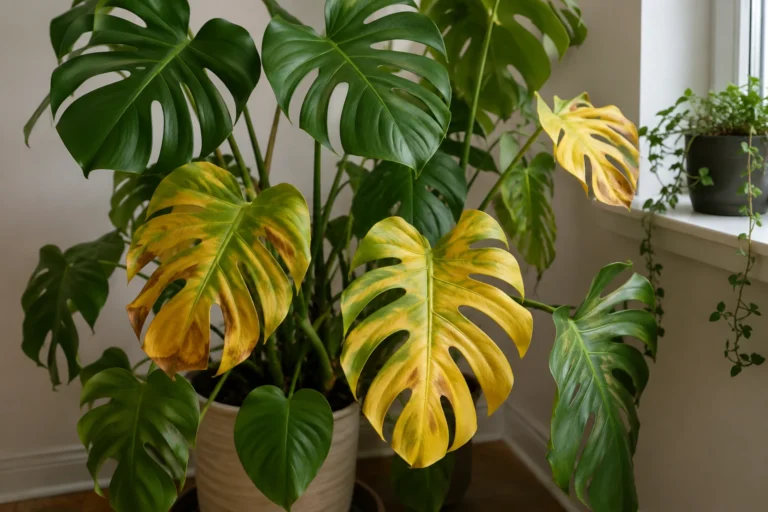 Monstera houseplant with several yellowing leaves by a window
