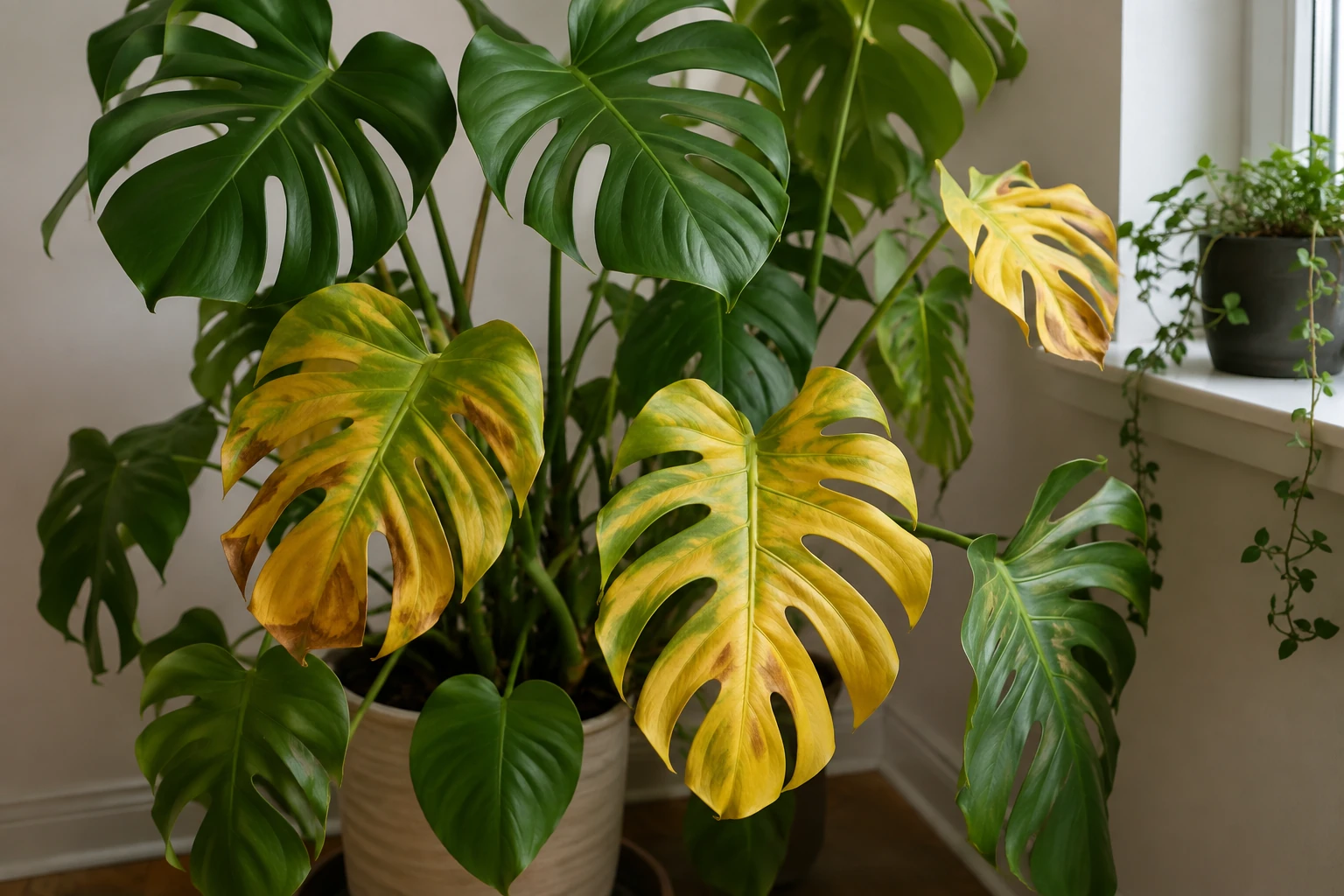 Monstera houseplant with several yellowing leaves by a window