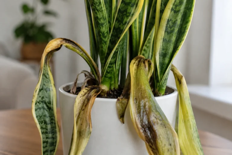 Snake plant with soft yellowing and mushy leaves in a white pot
