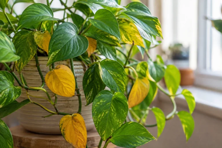 Pothos houseplant with several yellow leaves among healthy green foliage