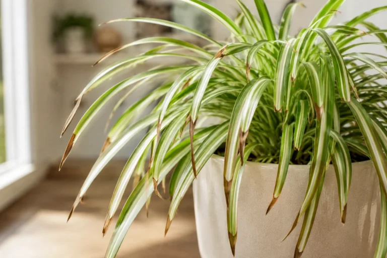 Spider plant with brown tips on long variegated leaves