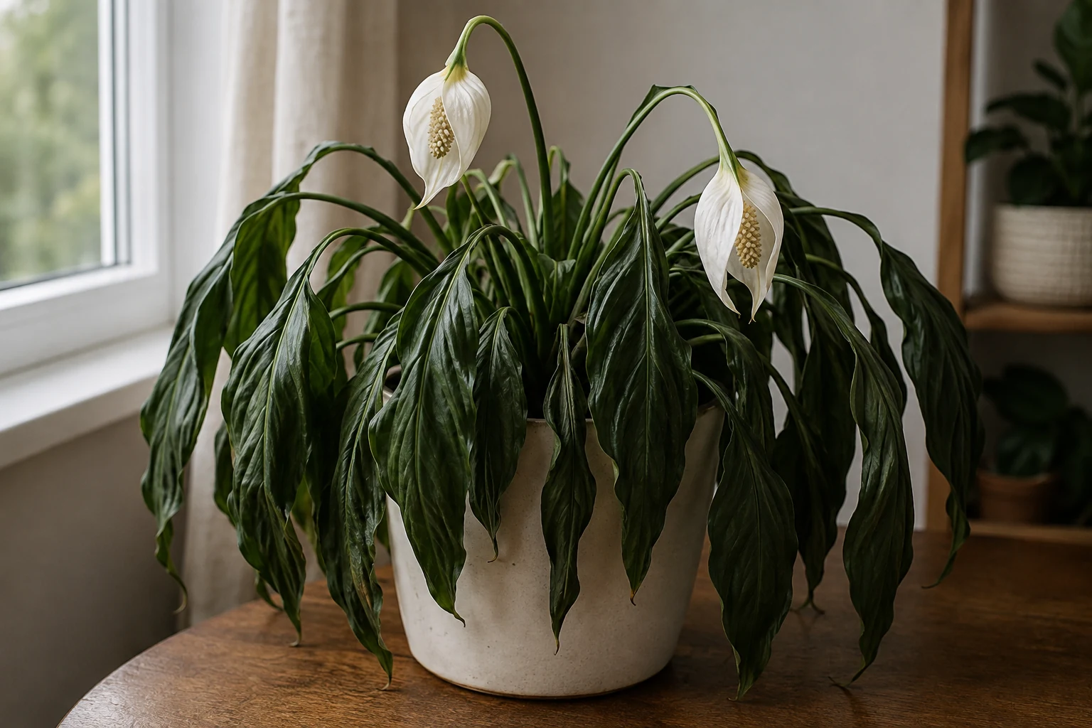 Drooping peace lily with limp dark green leaves and white flowers