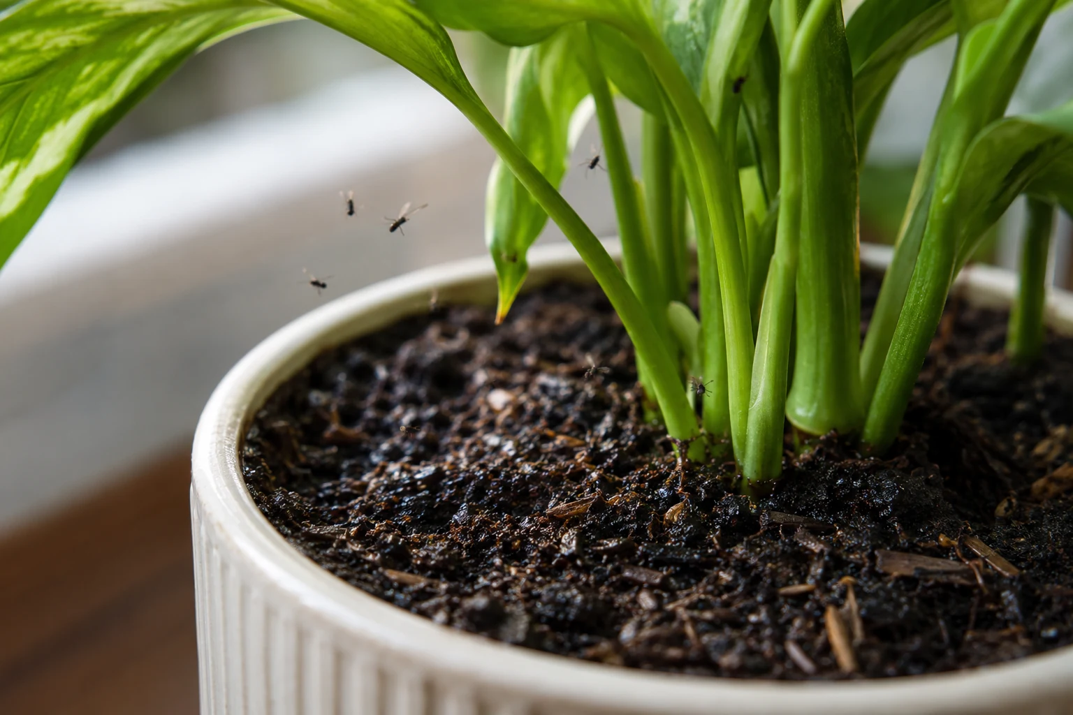Small fungus gnats hovering above moist potting soil around a houseplant