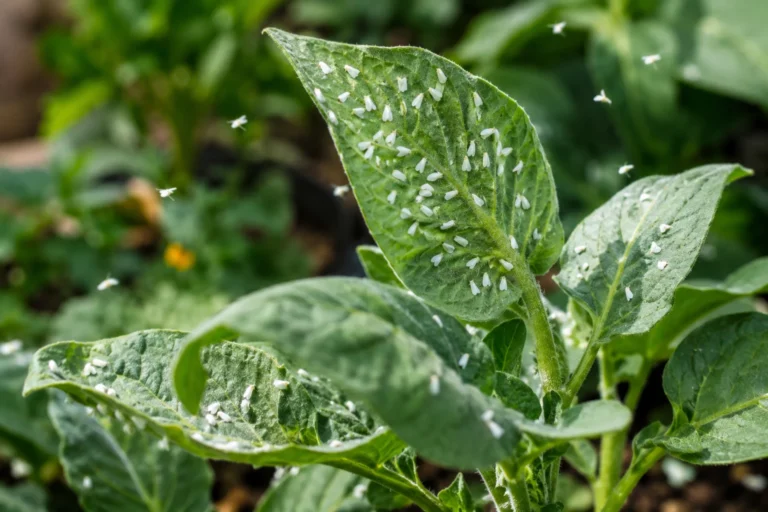Whiteflies clustered on green leaves with several adults in flight