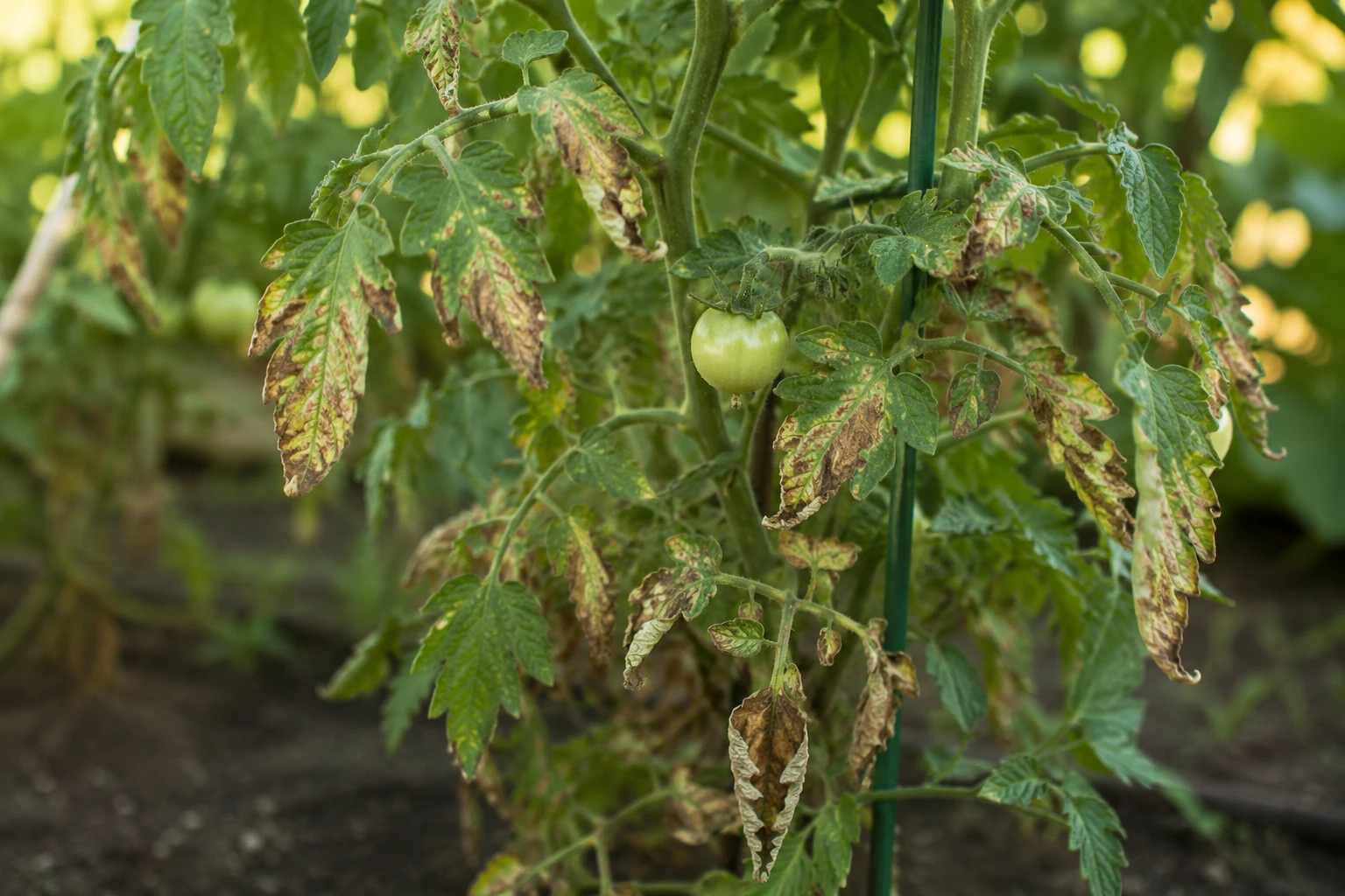 Tomato plant in a garden with brown, crispy leaf edges and a green tomato fruit