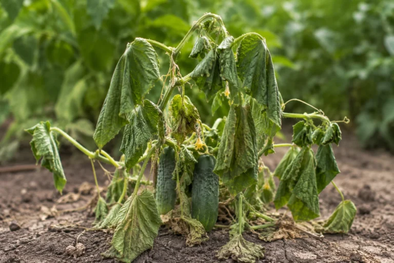 Wilted cucumber plant with drooping leaves and cucumbers in dry garden soil