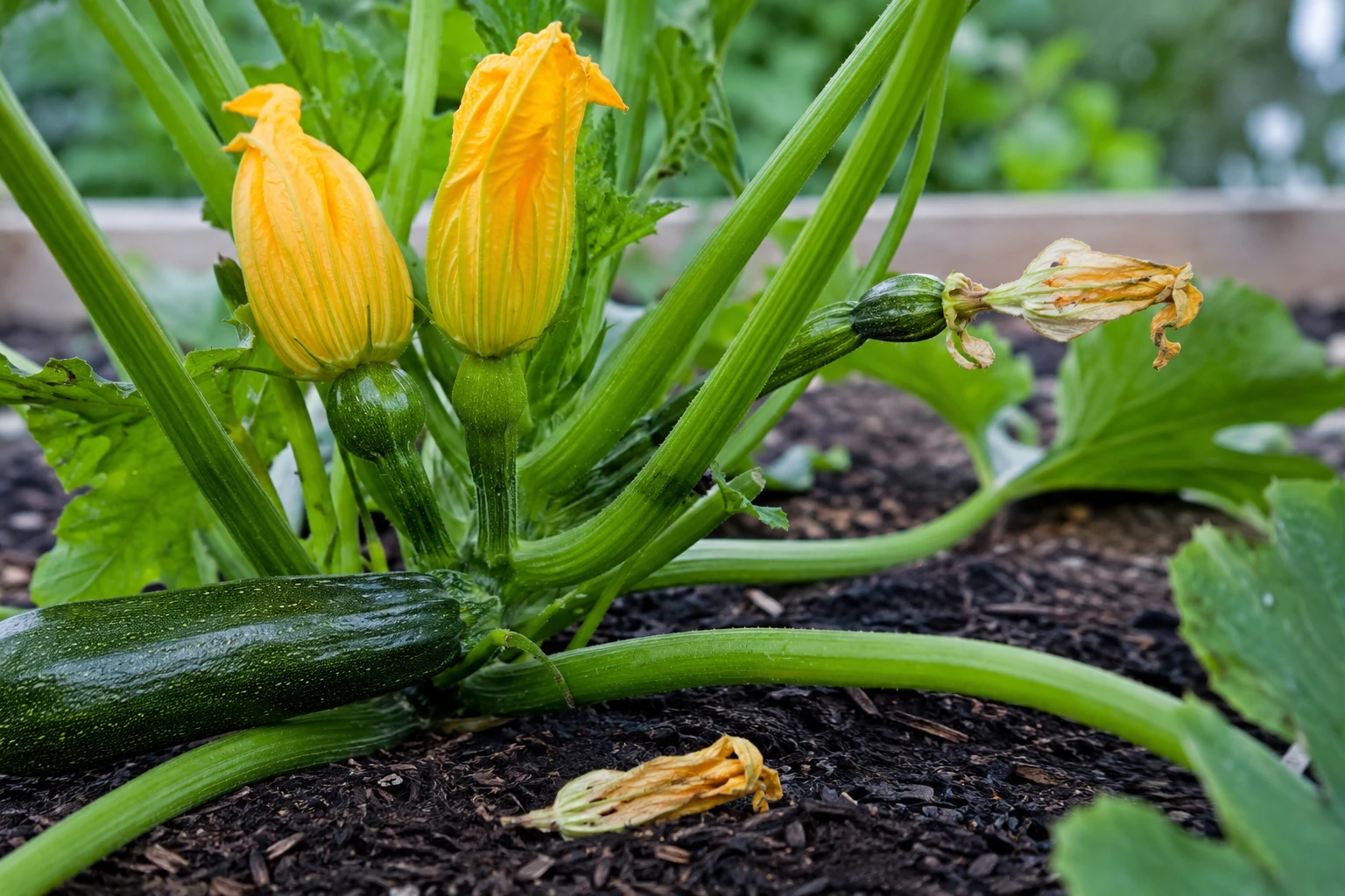 Zucchini plant with yellow flowers and a small fruit with a spent blossom