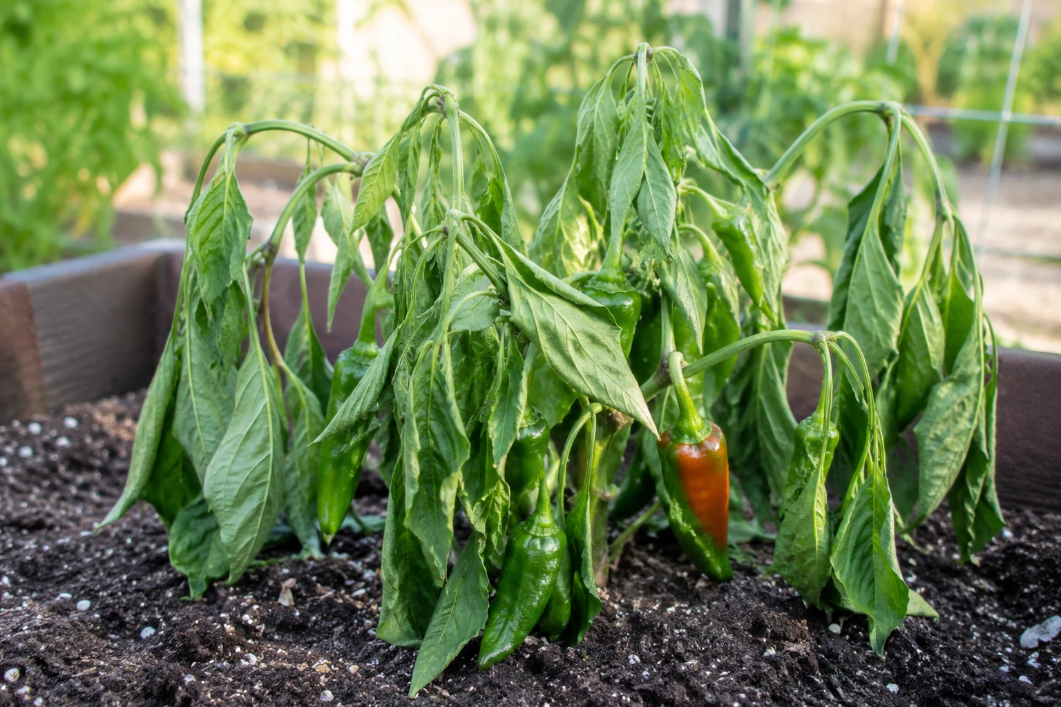 Pepper plant in a raised bed with drooping leaves and green peppers