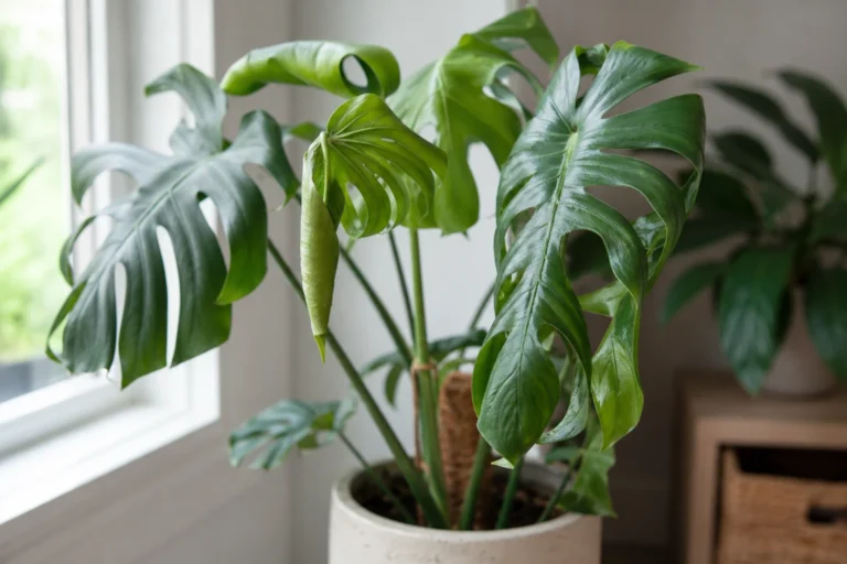 Monstera houseplant near a window with slightly curling green leaves