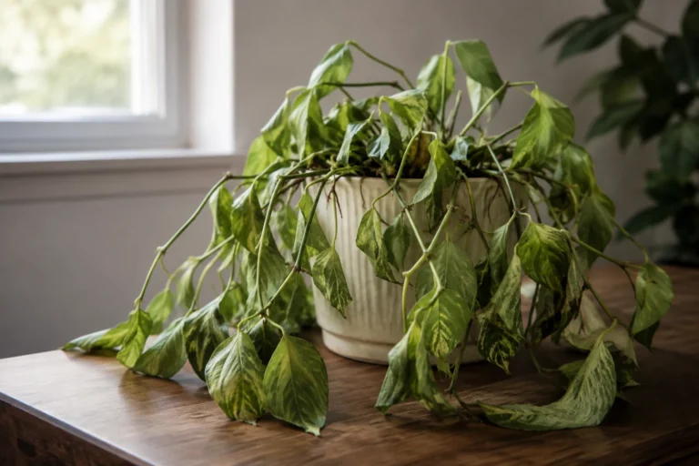 Drooping pothos plant in a pot on a wooden table near a window