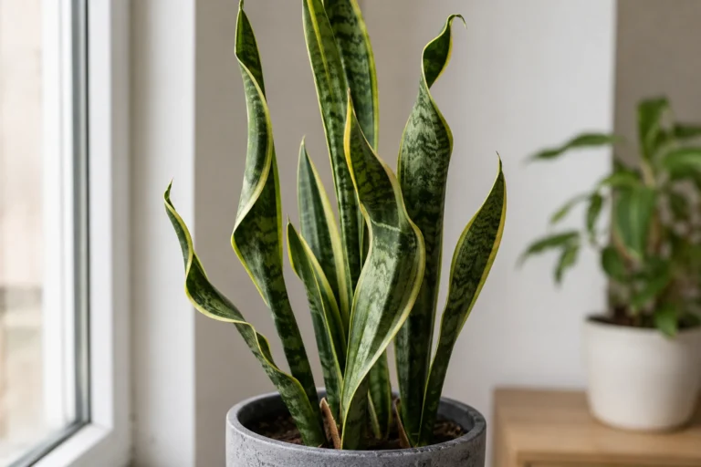 Snake plant in a gray pot with several leaves curling inward