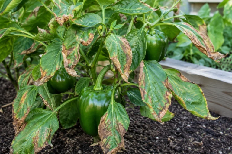 Bell pepper plant with brown spotted leaves and green peppers in a garden bed