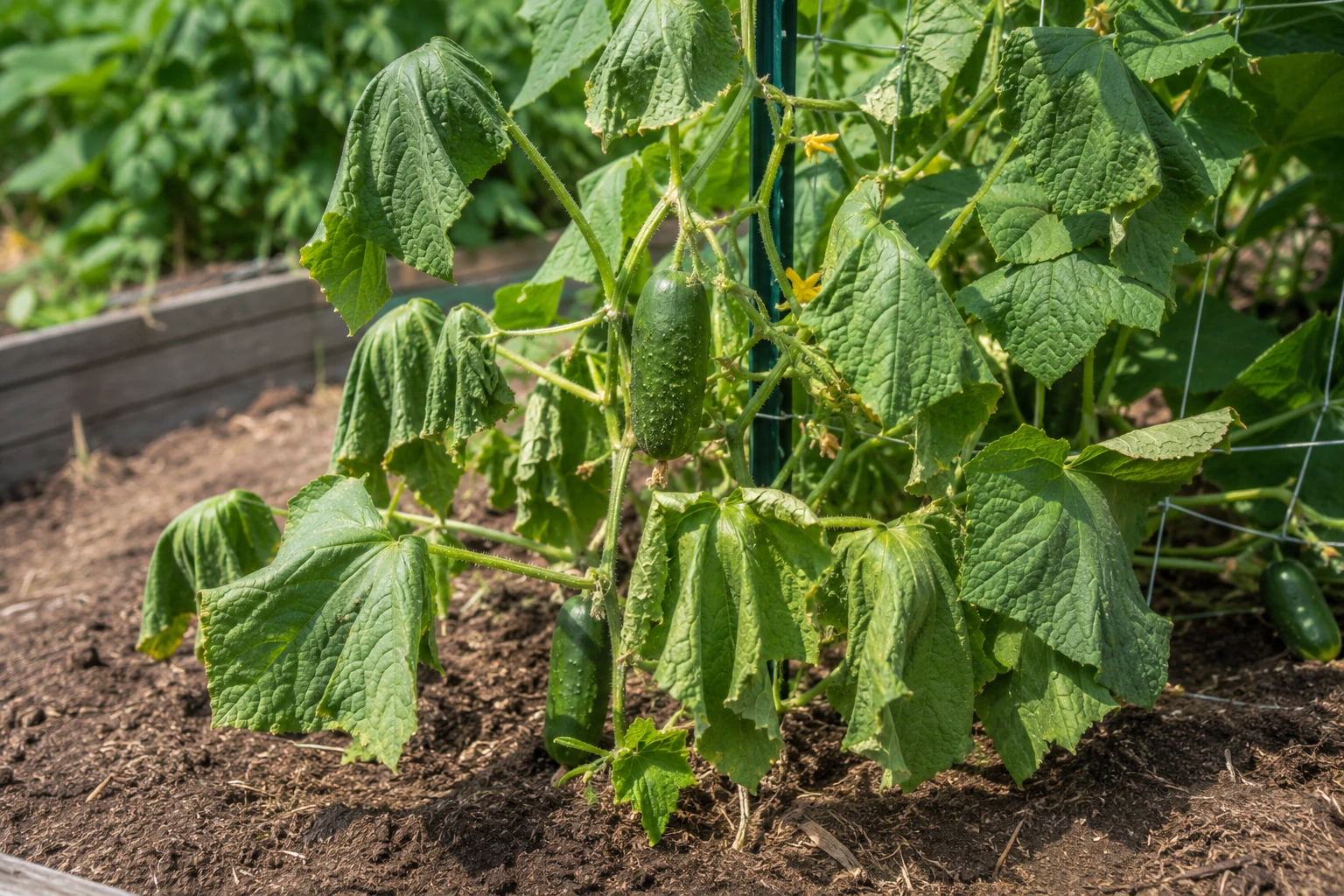 Cucumber vine with drooping leaves and green cucumbers growing on a trellis