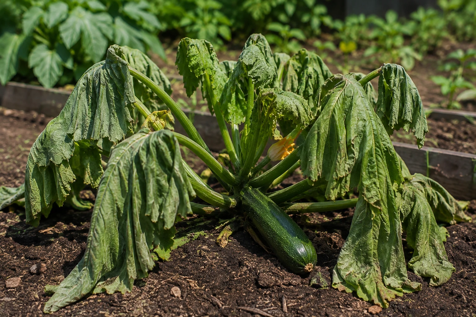 Zucchini plant with large wilted leaves and a green zucchini fruit in a hot garden
