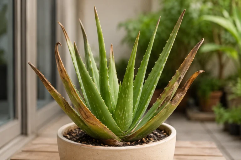 Potted aloe vera plant with several dry brown leaf tips beside a bright window