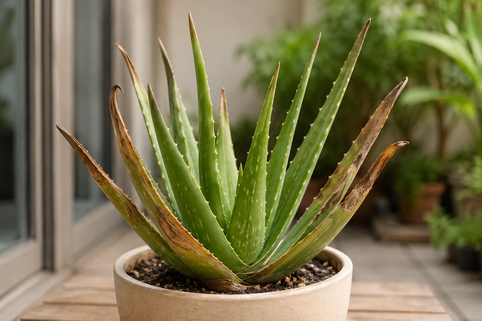 Potted aloe vera plant with several dry brown leaf tips beside a bright window