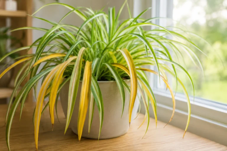 Spider plant in a pot with several yellowing strap-shaped leaves near a bright window