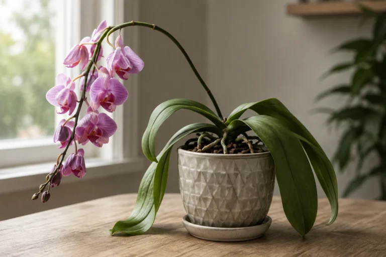 Pink orchid with a curved flower spike and drooping blooms in a ceramic pot near a window