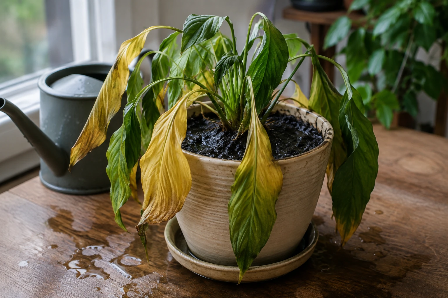 Peace lily with yellow and drooping leaves in a wet pot beside a watering can