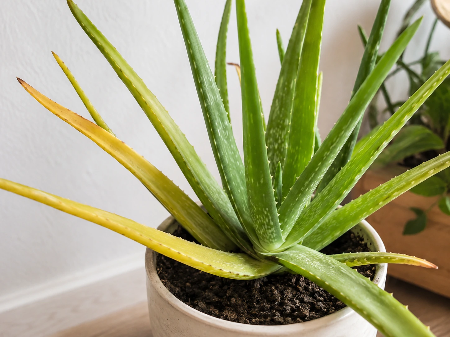 Close-up of an aloe vera succulent with brown spotted marks on the leaves
