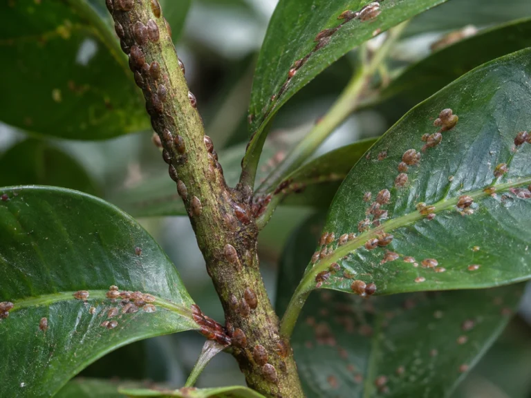Close-up of a houseplant leaf and stem with brown bump-like scale insects attached