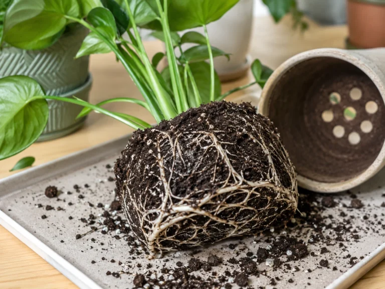 Houseplant roots circling tightly inside a pot during repotting