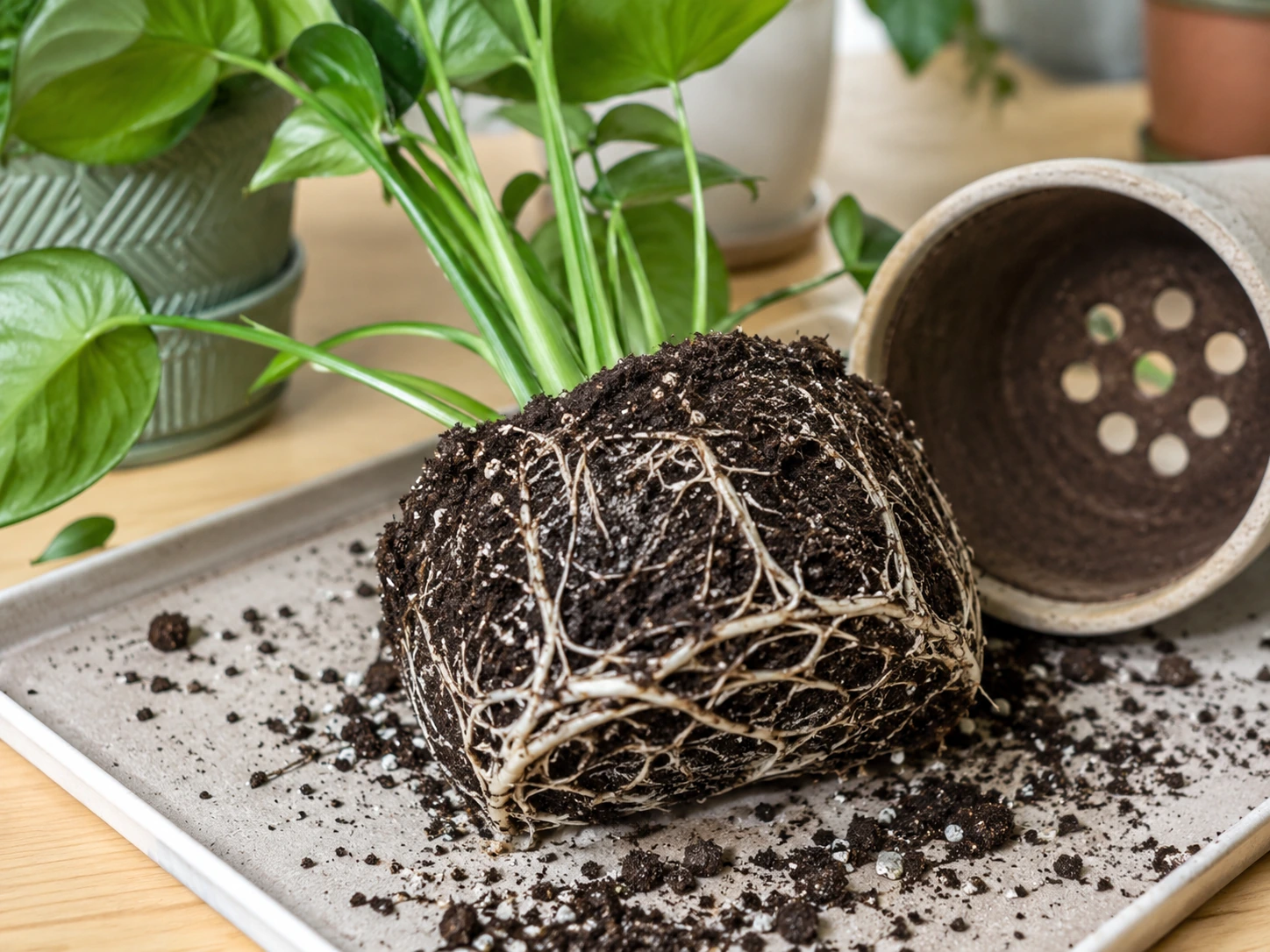 Houseplant roots circling tightly inside a pot during repotting