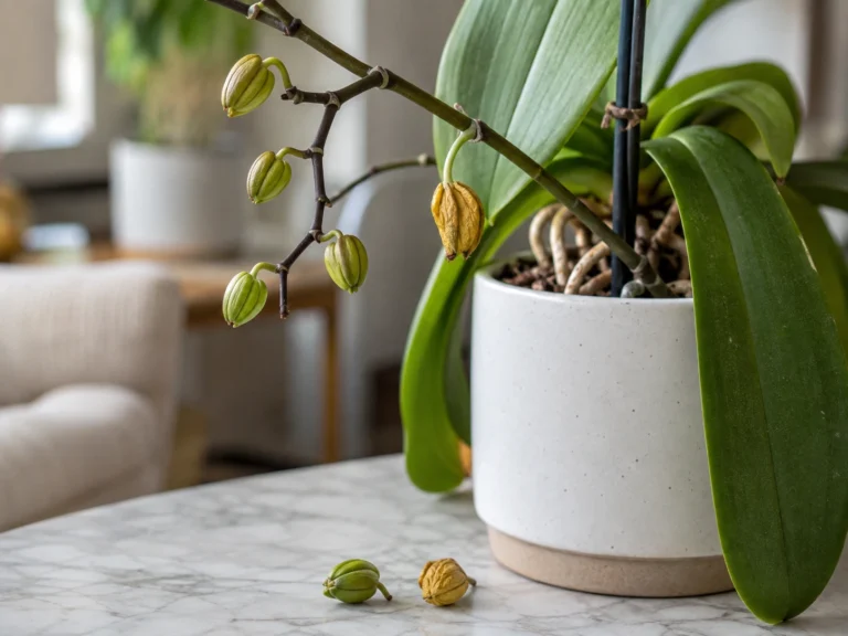 Healthy orchid in a ceramic pot placed on a marble table indoors