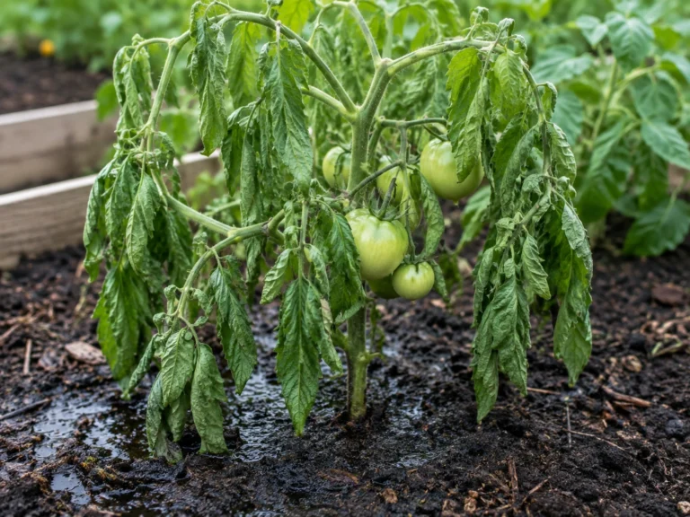 Recently transplanted tomato plant wilting with green fruits in a garden bed