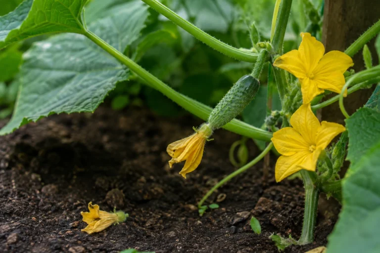 Cucumber vine with yellow flowers, a young cucumber, and a dropped blossom on garden soil