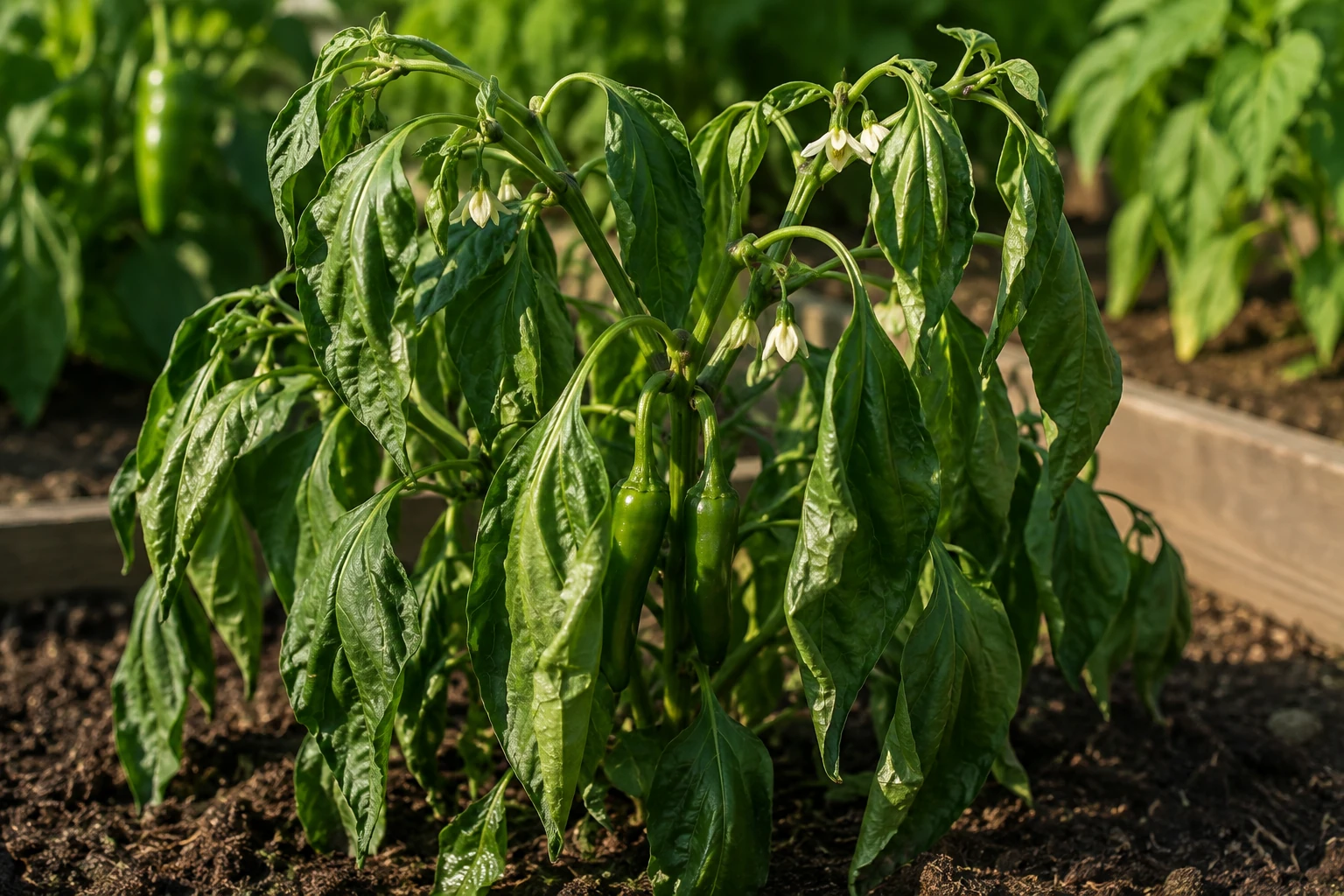 Pepper plant with drooping green leaves, white flowers, and developing peppers in a sunny garden bed