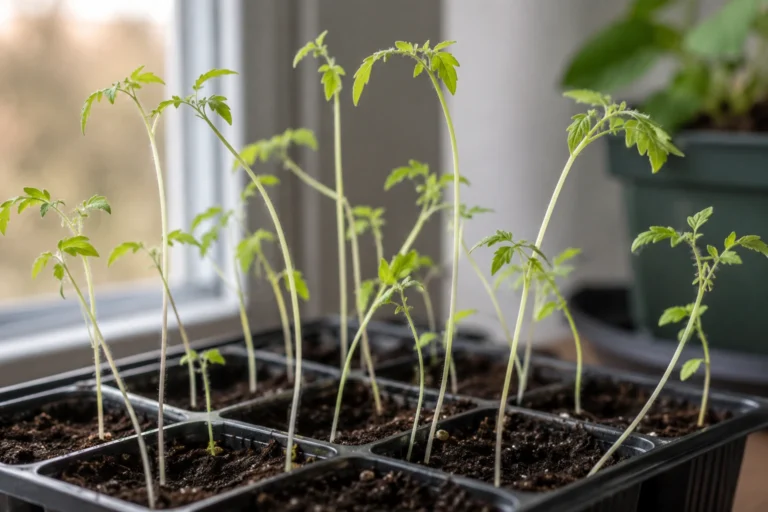 Tall thin tomato seedlings stretching toward a bright window in a seed-starting tray