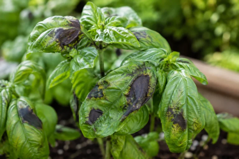 Basil plant with several dark black damaged patches across green leaves
