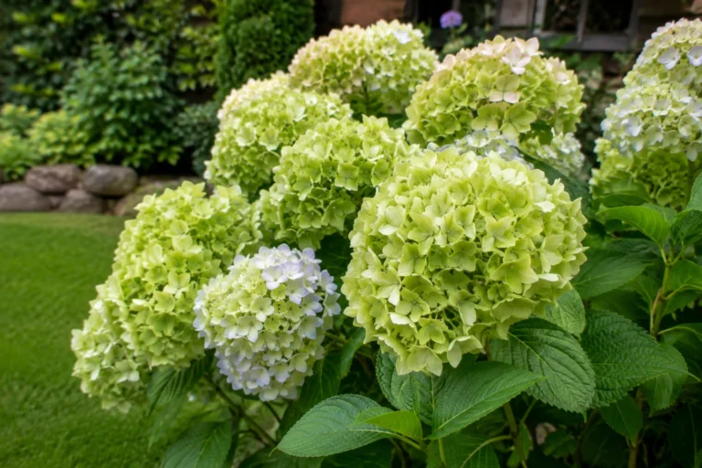 Garden hydrangea covered in large pale green flower clusters