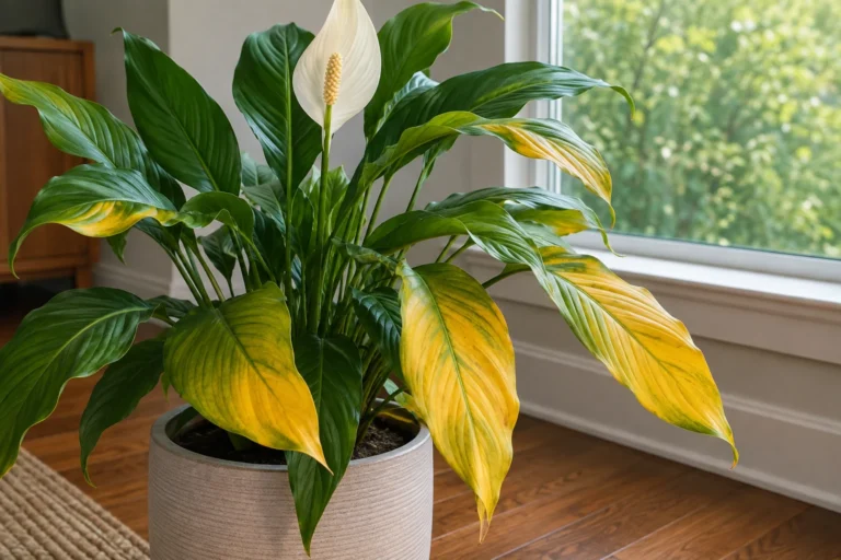 Peace lily houseplant with several yellowing leaves beside a bright window