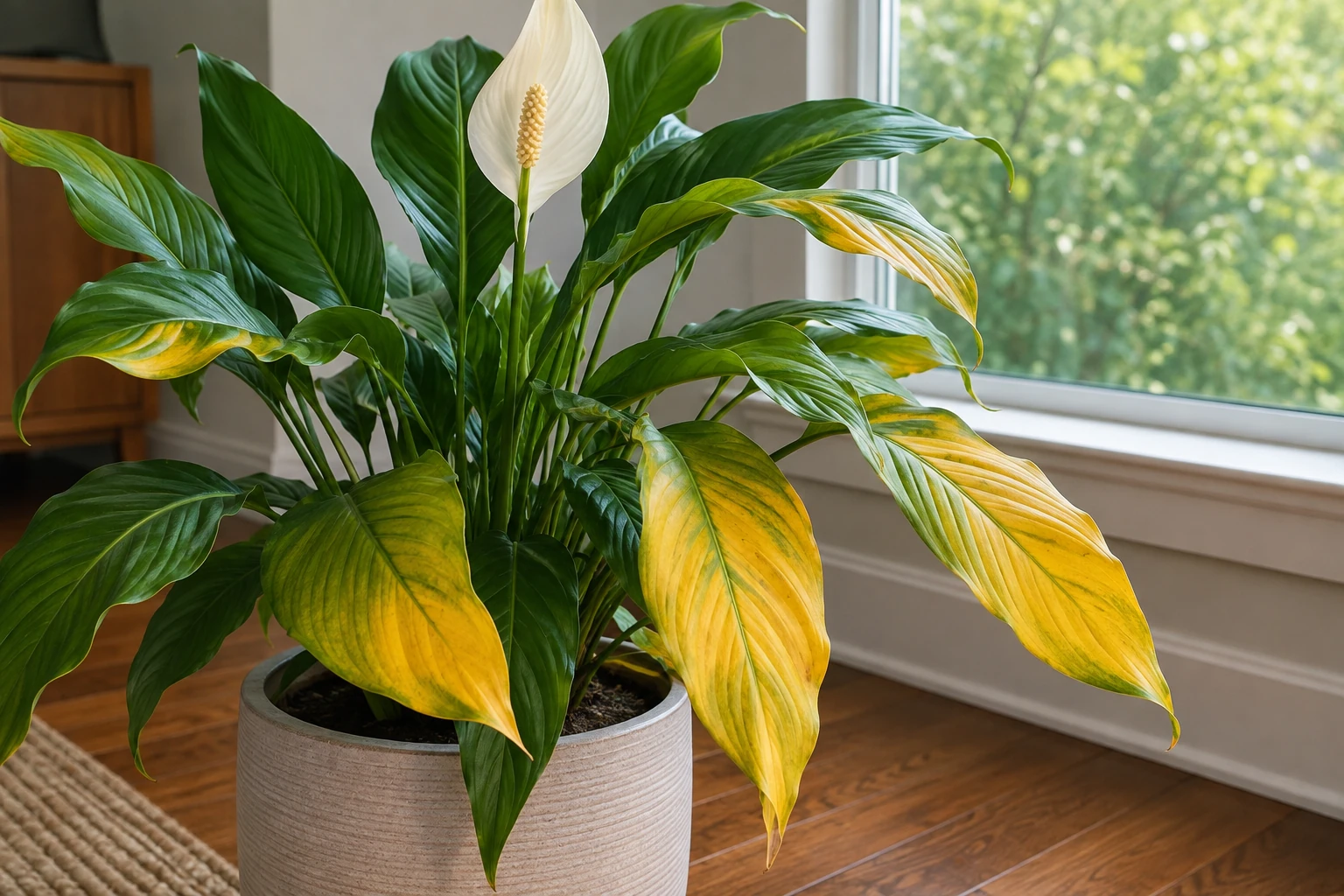 Peace lily houseplant with several yellowing leaves beside a bright window