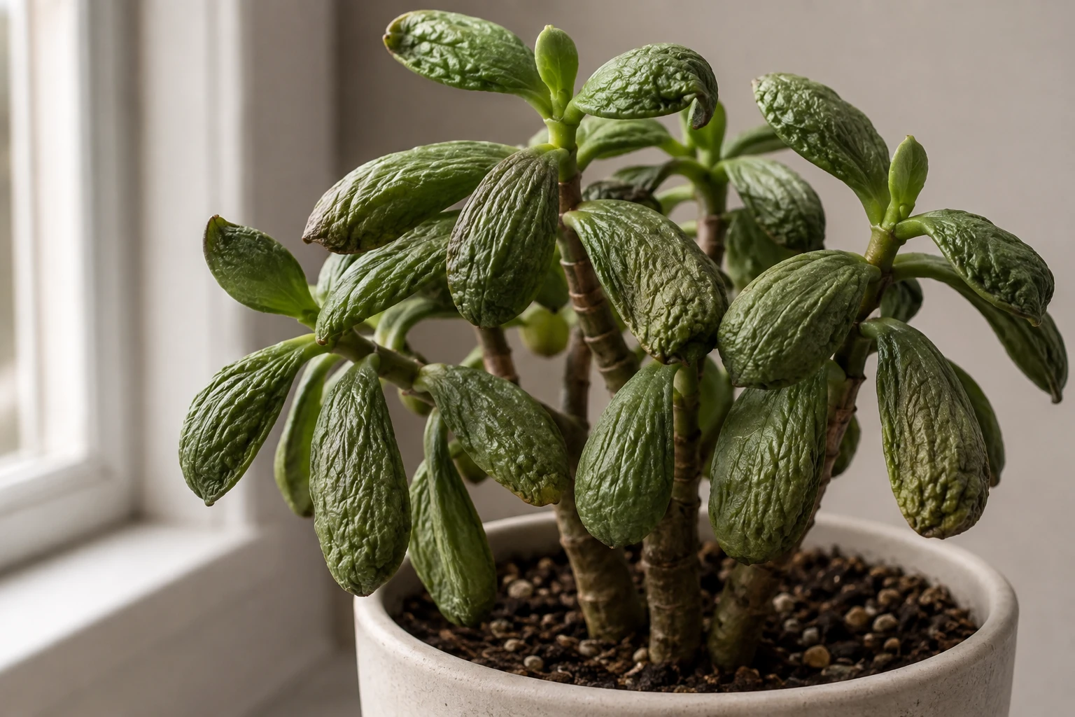 Jade plant with noticeably wrinkled and slightly shriveled succulent leaves near a window